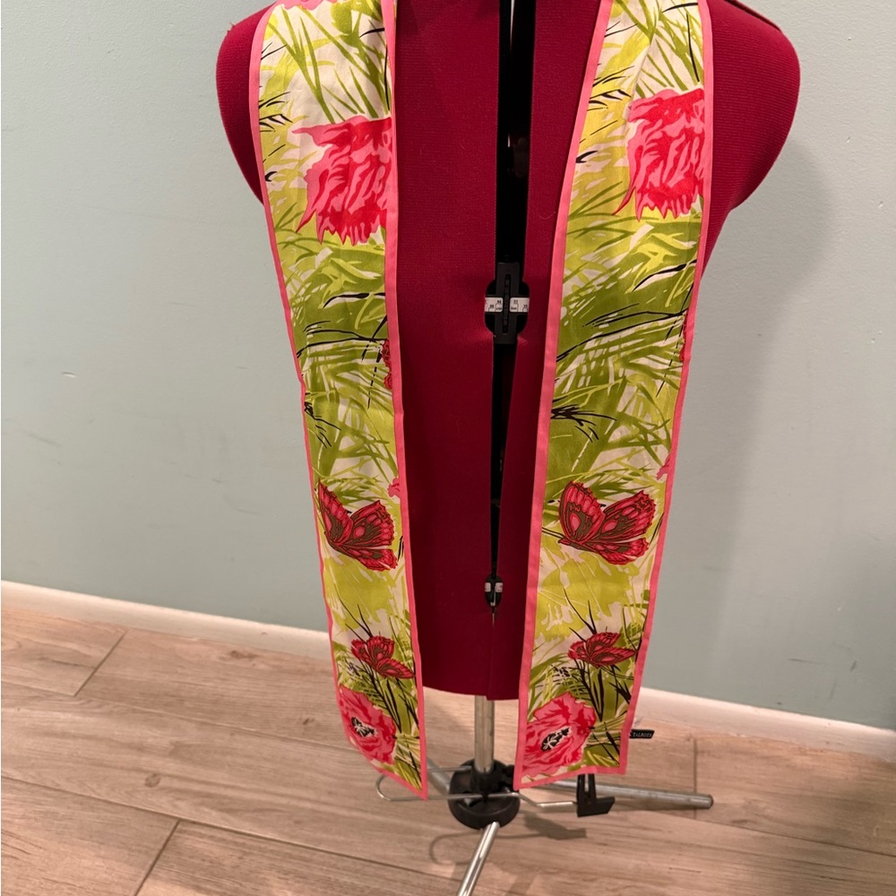 Talbots Bright Pink Green Long Silk Scarf Butterflies & Flower 4.25" x 66”